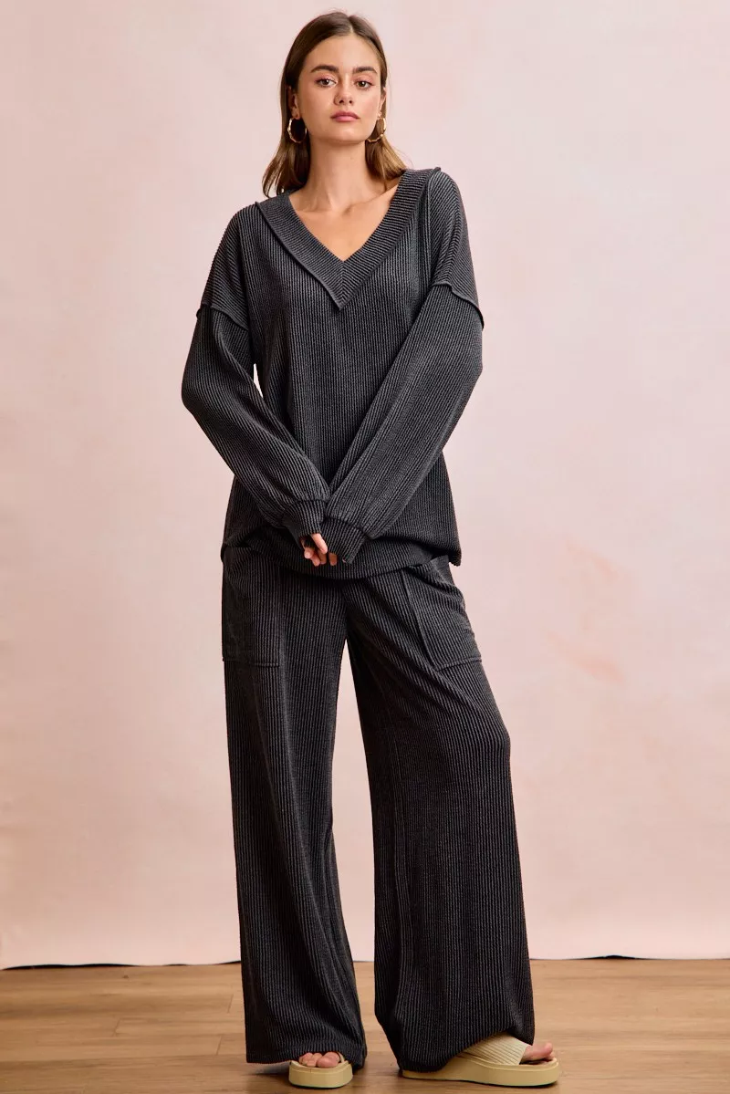BiBi Two Tone Cord Rib Contrast Stitching V-Neck Top and Pants Set - Image 4