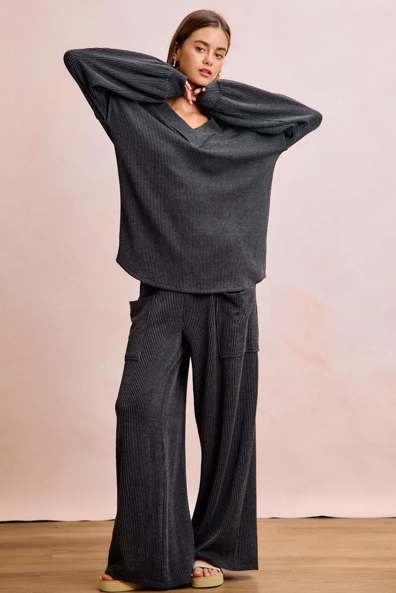 BiBi Two Tone Cord Rib Contrast Stitching V-Neck Top and Pants Set - Image 5