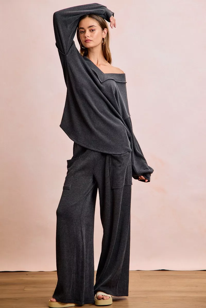 BiBi Two Tone Cord Rib Contrast Stitching V-Neck Top and Pants Set - Image 6
