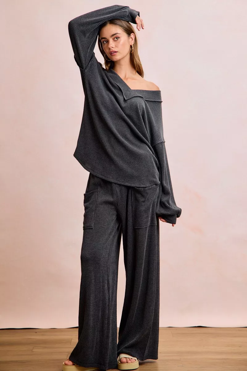 BiBi Two Tone Cord Rib Contrast Stitching V-Neck Top and Pants Set - Image 7