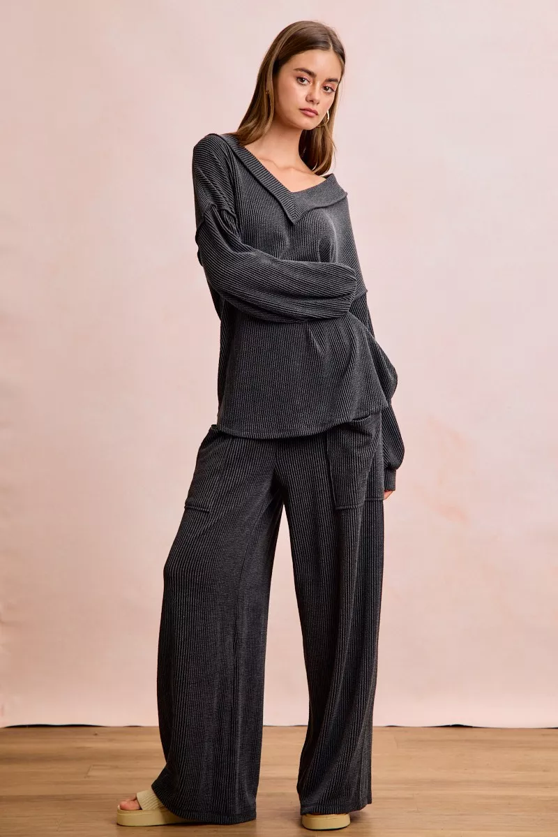 BiBi Two Tone Cord Rib Contrast Stitching V-Neck Top and Pants Set - Image 8