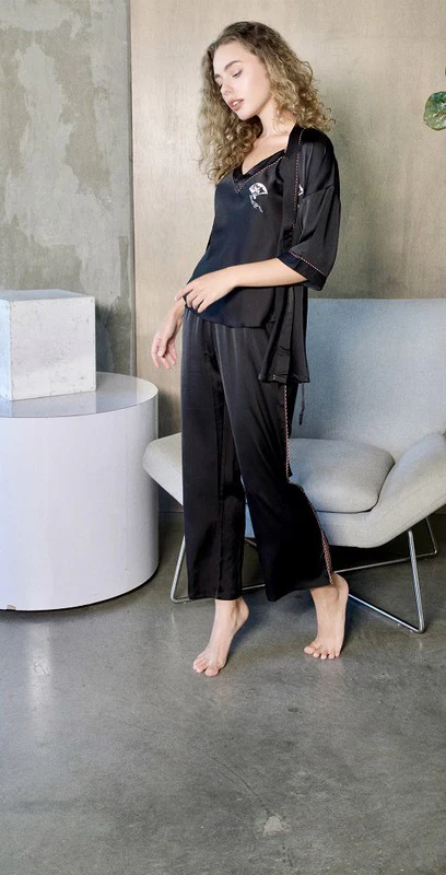 Black Silky 3 Piece Kimono Pajama Sets - Image 5
