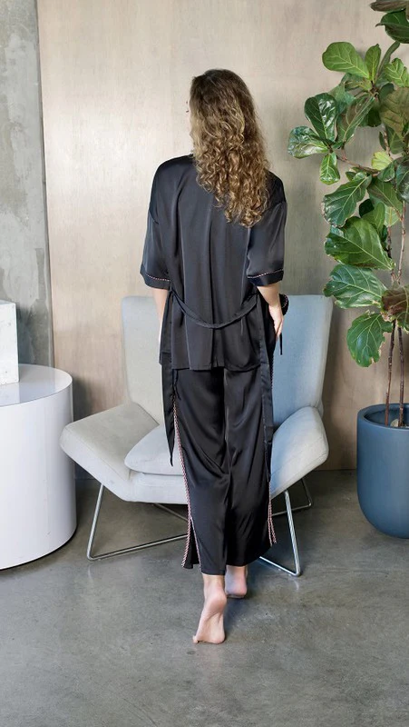 Black Silky 3 Piece Kimono Pajama Sets - Image 6