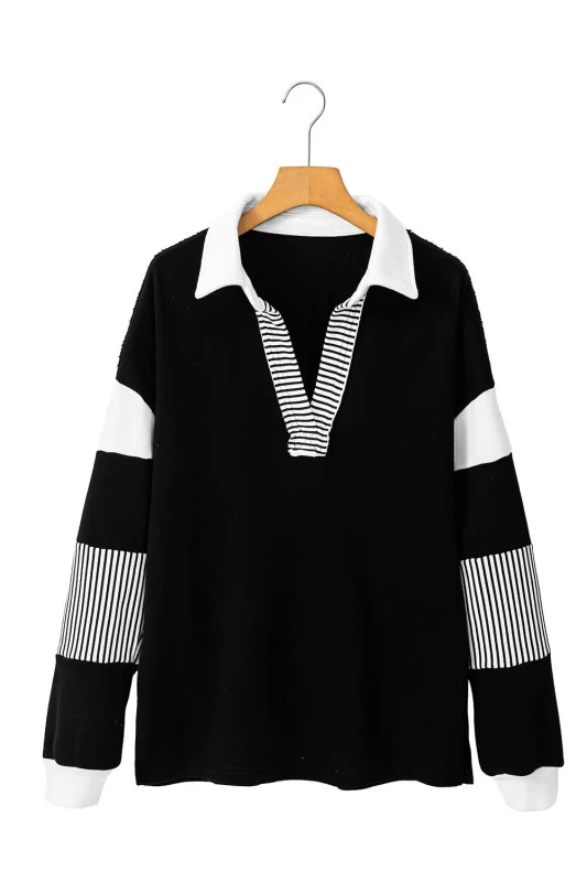 Black Striped Patchwork Collar Sweatshirt - Image 10