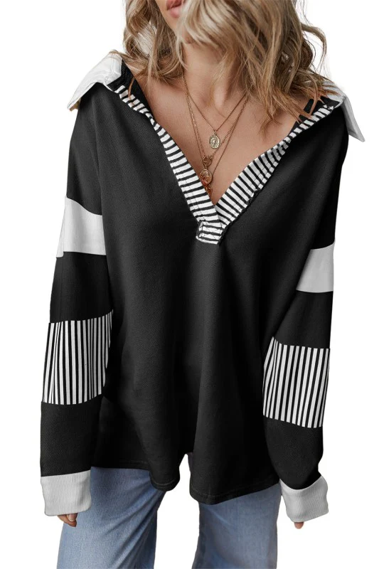 Black Striped Patchwork Collar Sweatshirt - Image 11