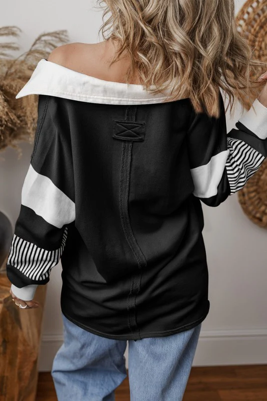 Black Striped Patchwork Collar Sweatshirt - Image 2