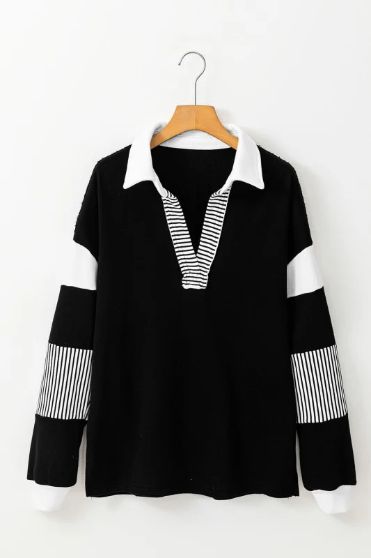 Black Striped Patchwork Collar Sweatshirt - Image 3