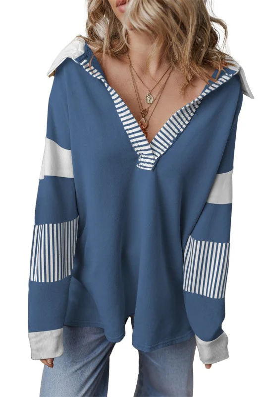 Black Striped Patchwork Collar Sweatshirt - Image 31