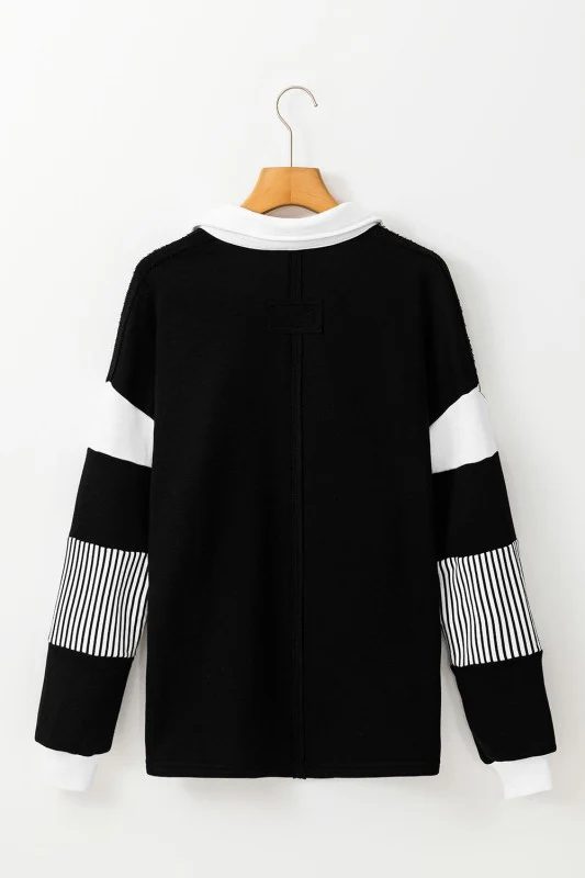 Black Striped Patchwork Collar Sweatshirt - Image 4