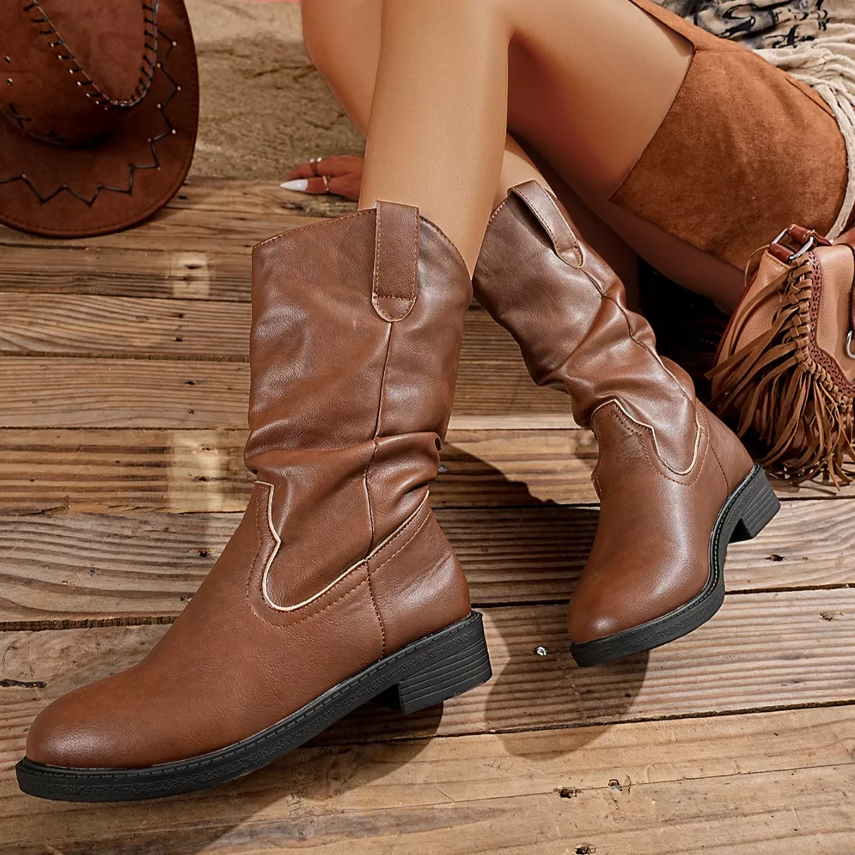 Block Heel Mid-Calf Western Boots - Image 12