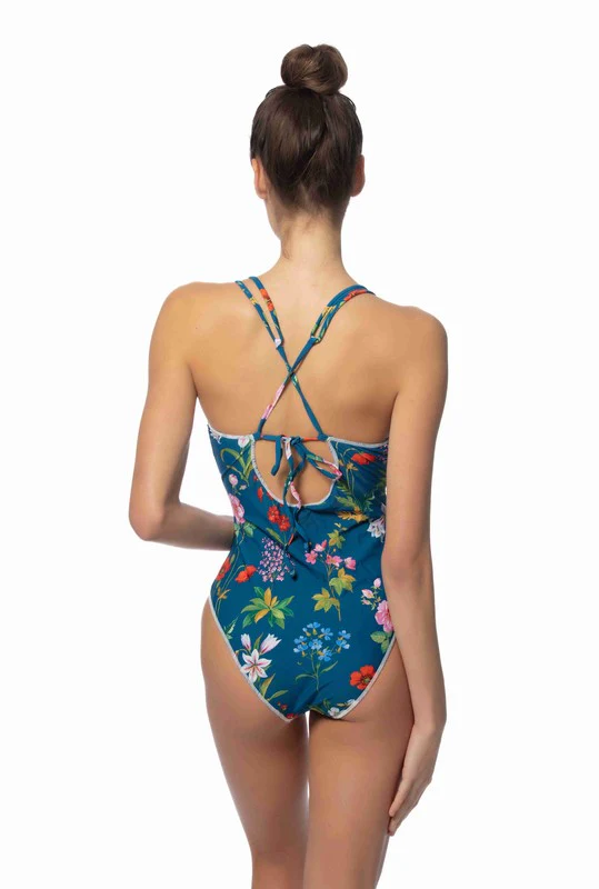 BLUE FLORAL ONE PIECE SWIMSUIT W/STITCHING DETAILS - Image 3