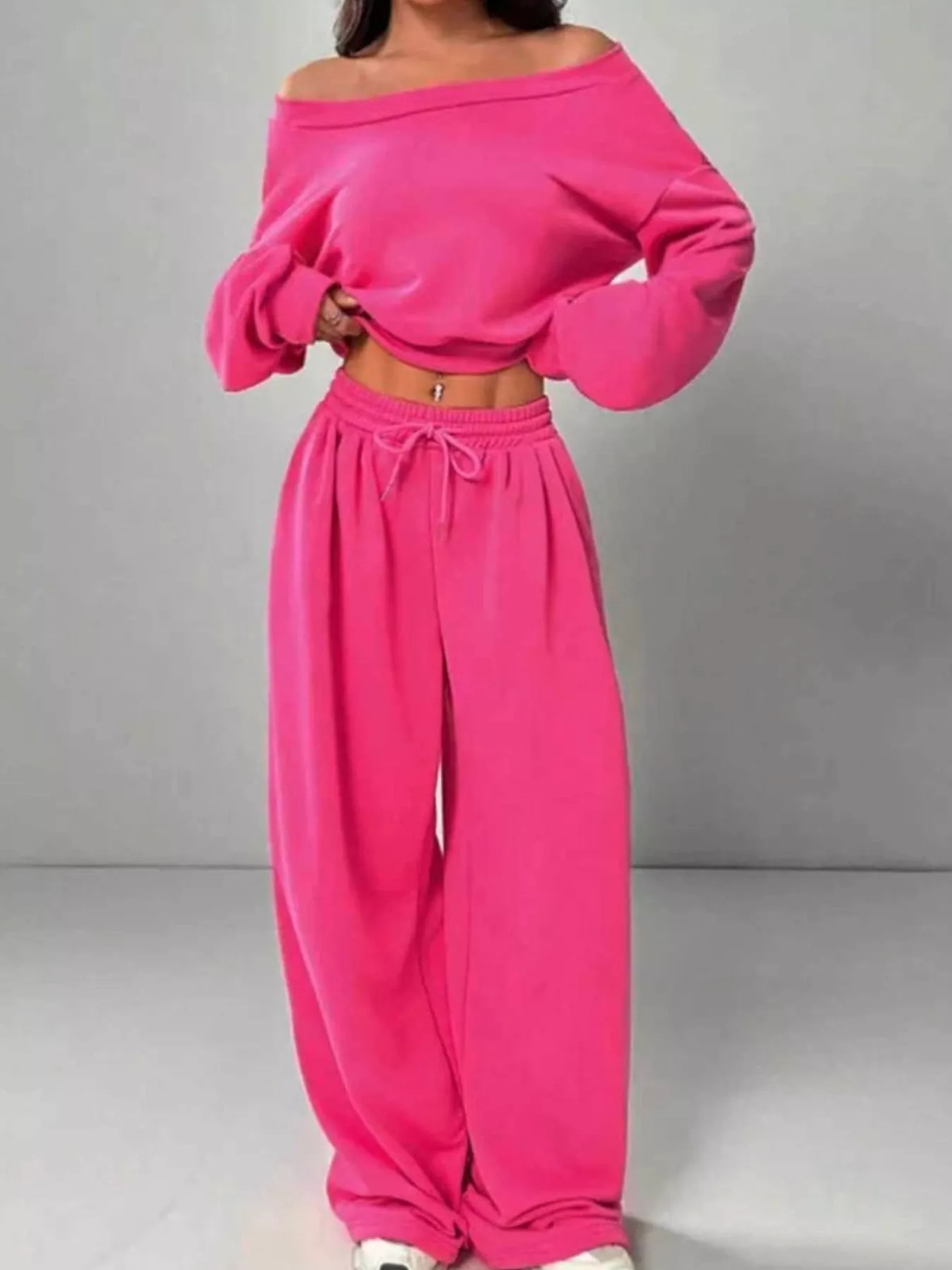 Boat Neck Long Sleeve Top and Pants Set - Image 2