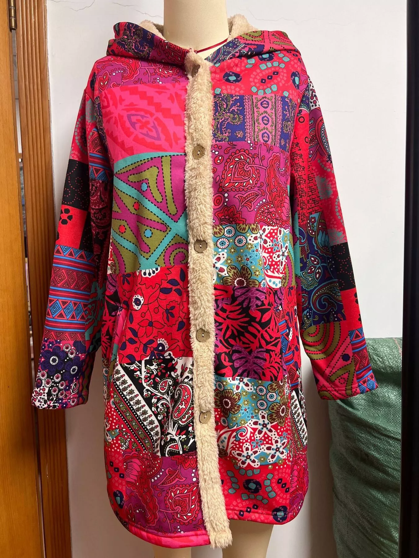 Bohemian Patchwork Fleece Lined Hooded Outerwear - Image 2