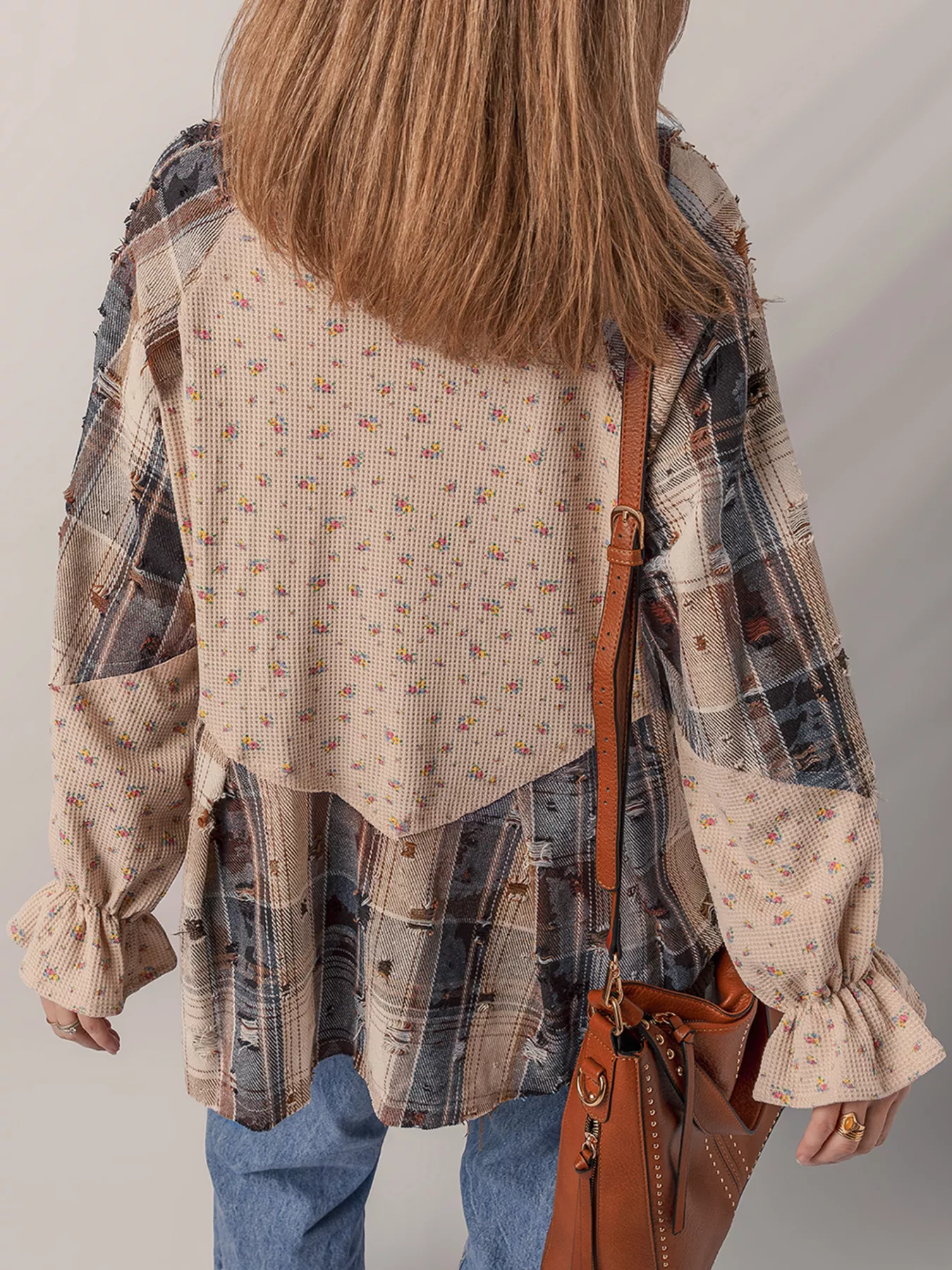 Boho Floral Plaid Patchwork Distressed Detail Ruffled Sleeve Waffle Knit Shacket - Image 4