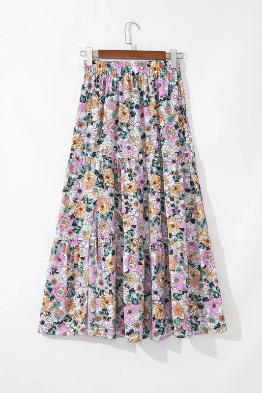 Boho Floral Tiered Side Slit Maxi Skirt - Image 7