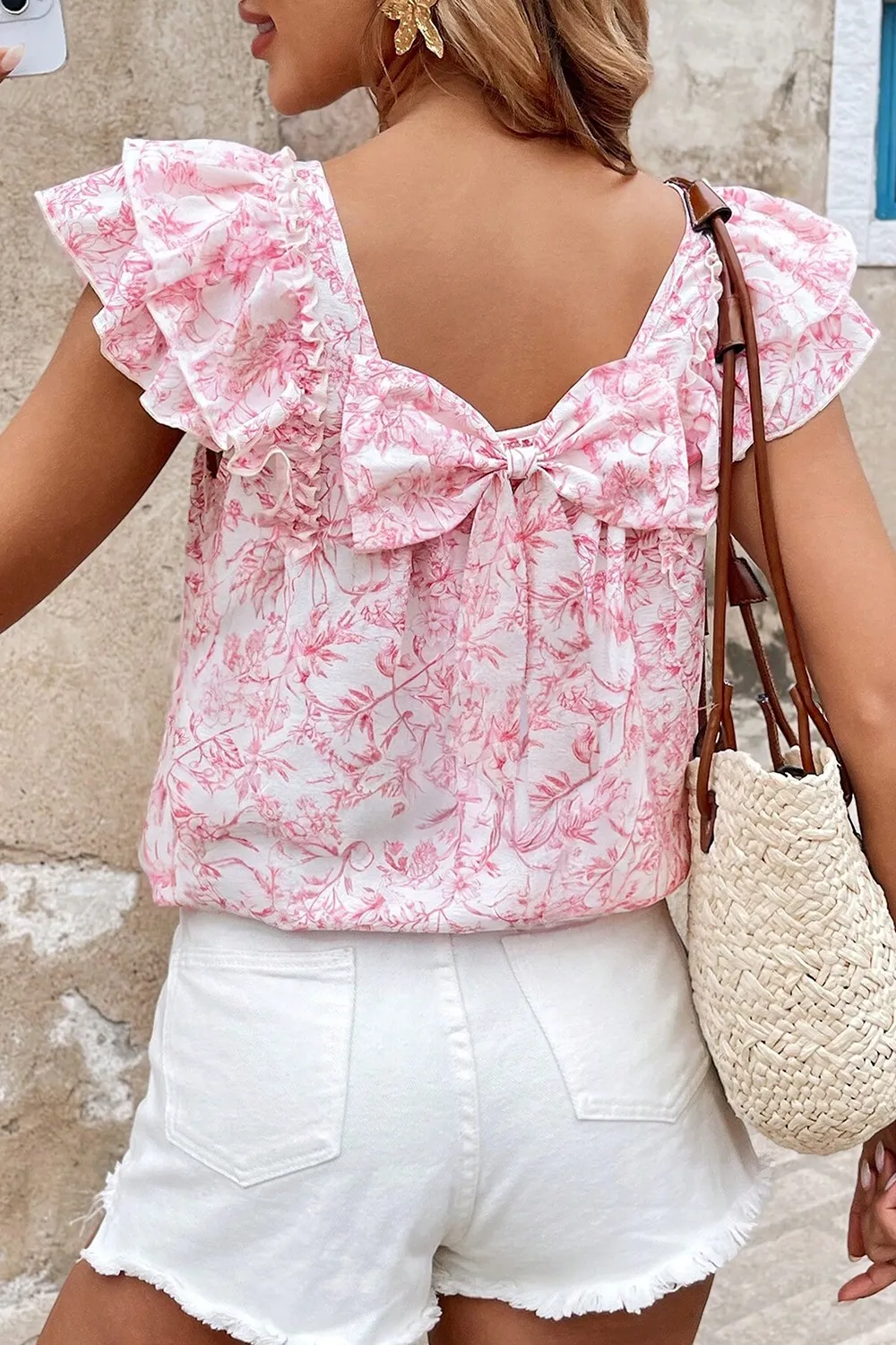 Bow Back Printed Ruffled Cap Sleeve Blouse - Image 4