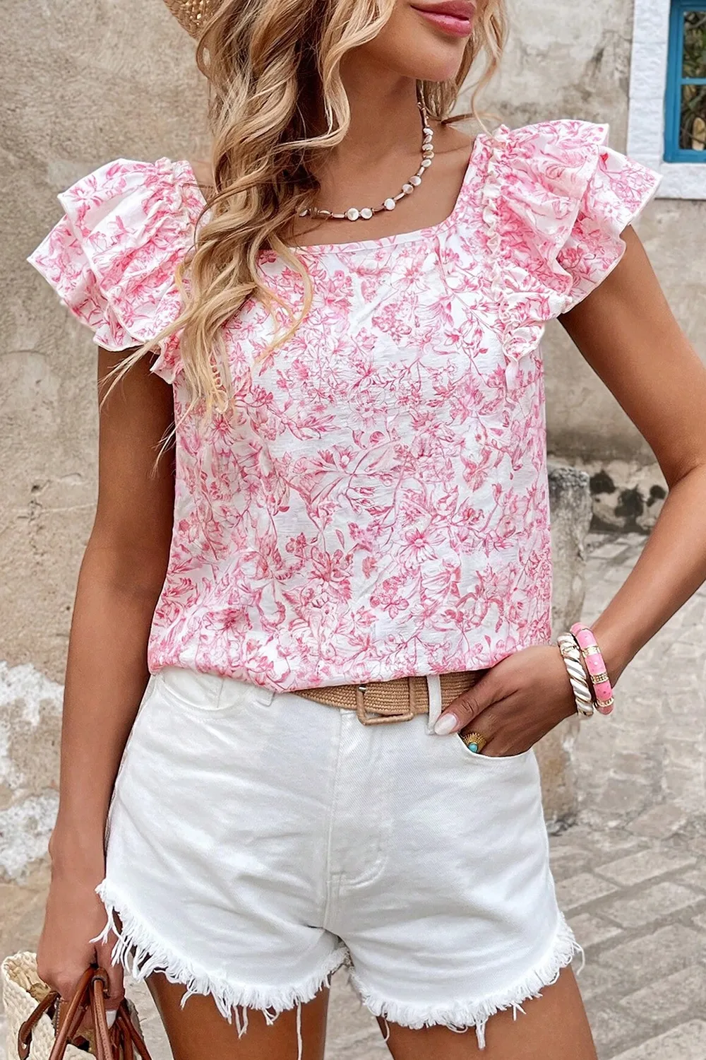 Bow Back Printed Ruffled Cap Sleeve Blouse - Image 5