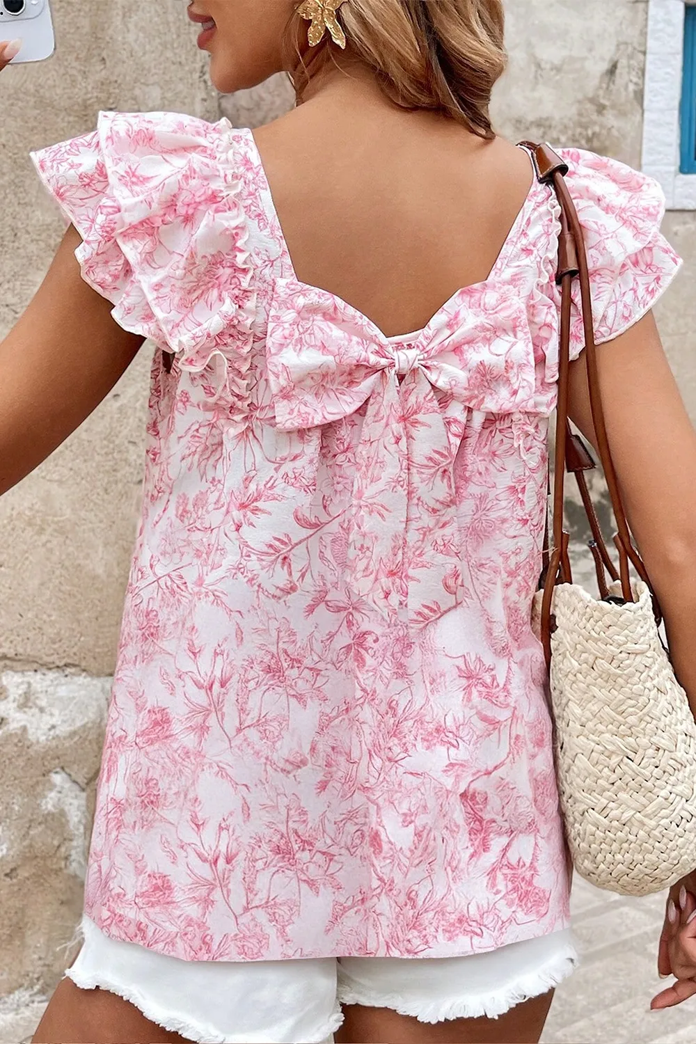 Bow Back Printed Ruffled Cap Sleeve Blouse - Image 6
