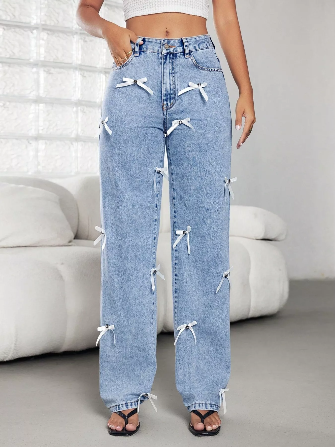 Bow Decor High Waist Wide Leg Jeans - Image 2