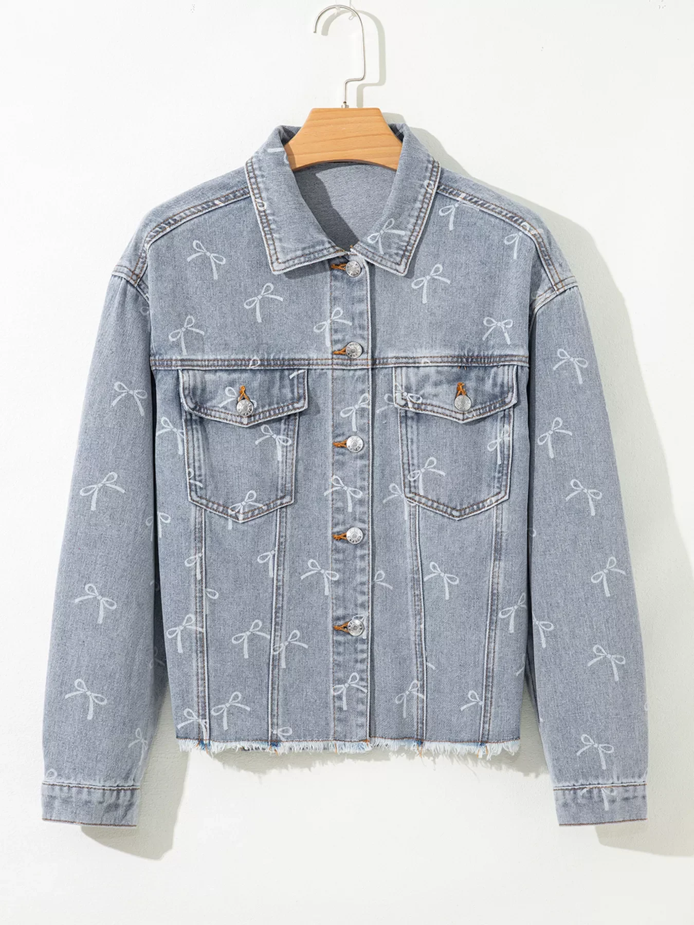 Bow Knot Print Light Wash Raw Hem Denim Jacket - Image 6