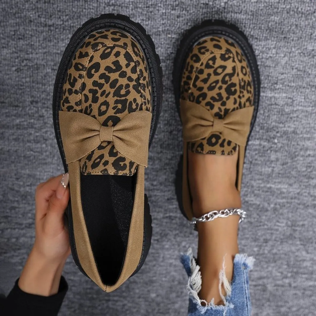 Bow Leopard Round Toe Loafers - Image 2