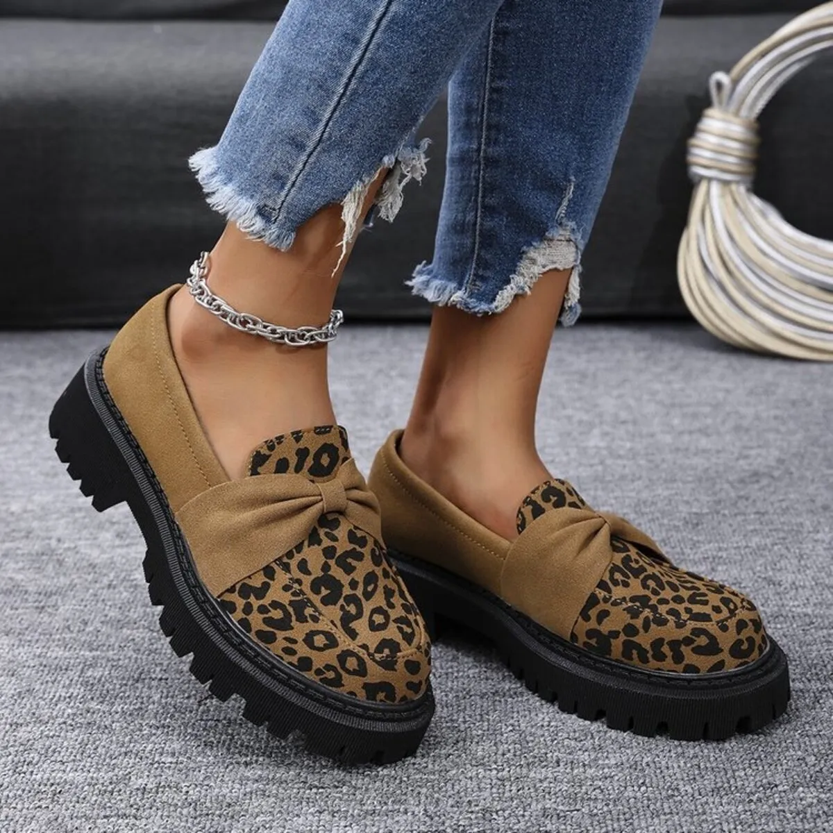 Bow Leopard Round Toe Loafers - Image 3