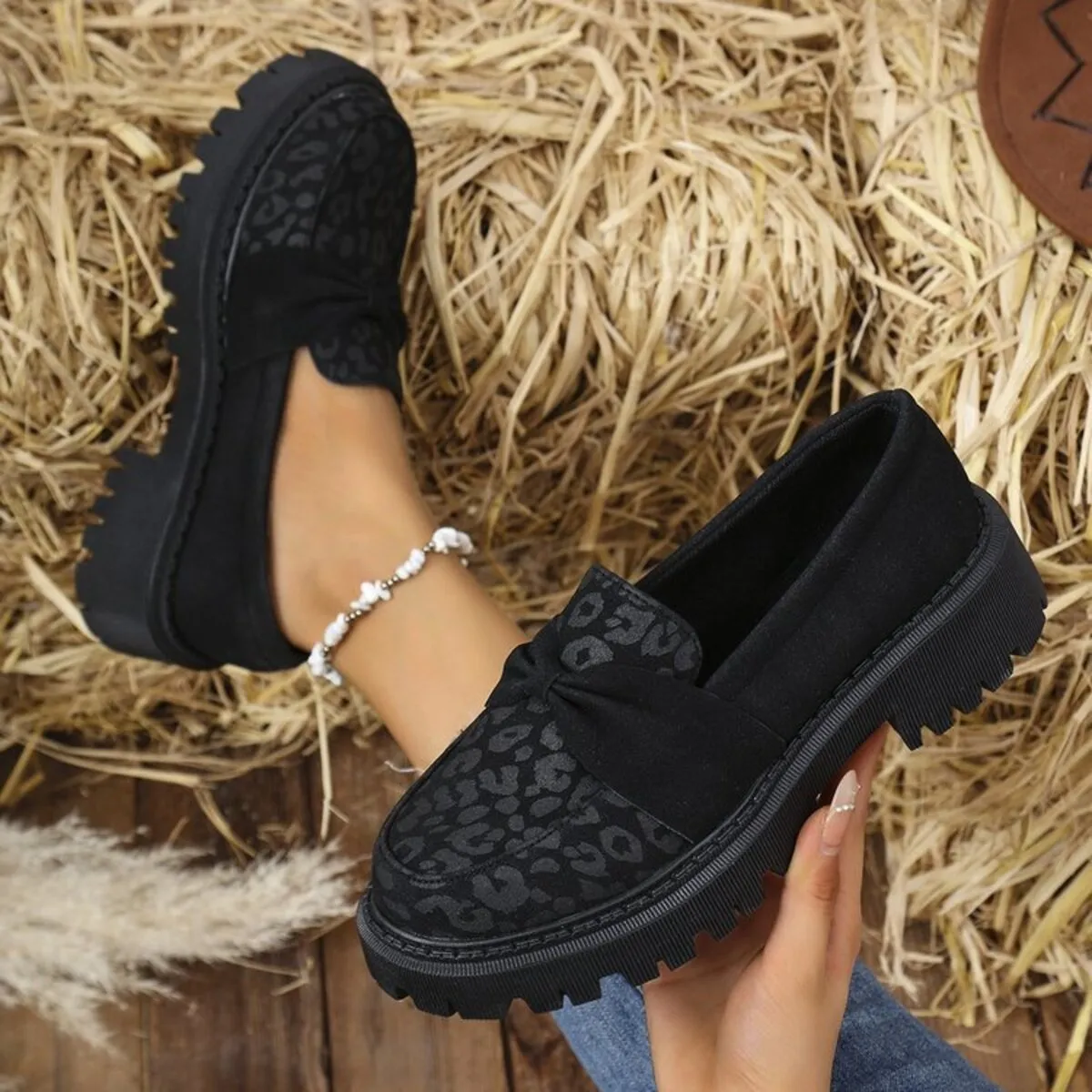 Bow Leopard Round Toe Loafers - Image 4
