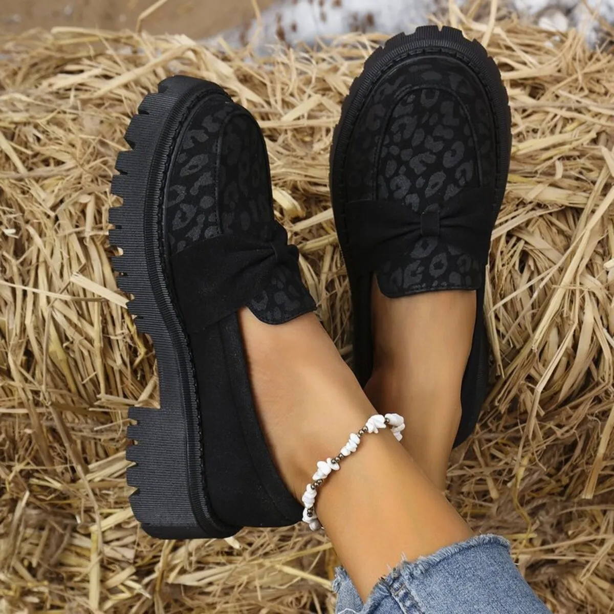 Bow Leopard Round Toe Loafers - Image 5