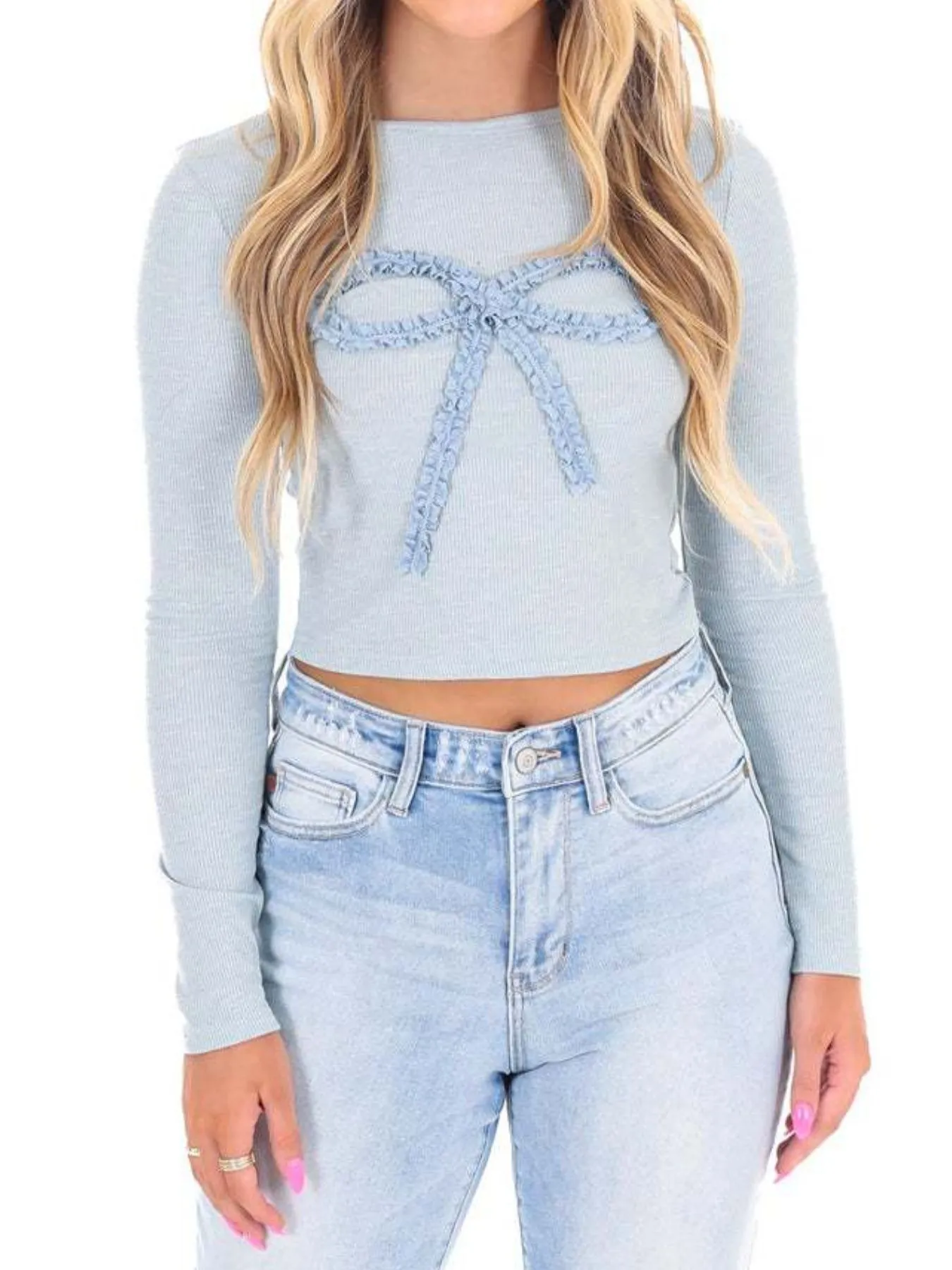 Bow Long Sleeve Fitted T-Shirt - Image 7