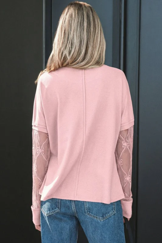 Bow Mesh Patchwork Long Sleeve Tee - Image 2