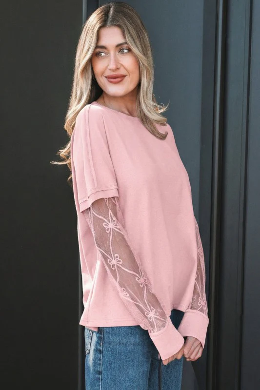 Bow Mesh Patchwork Long Sleeve Tee - Image 3