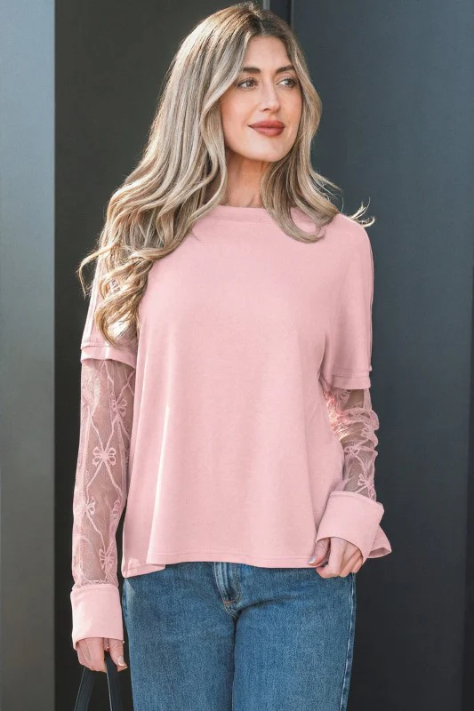 Bow Mesh Patchwork Long Sleeve Tee - Image 4