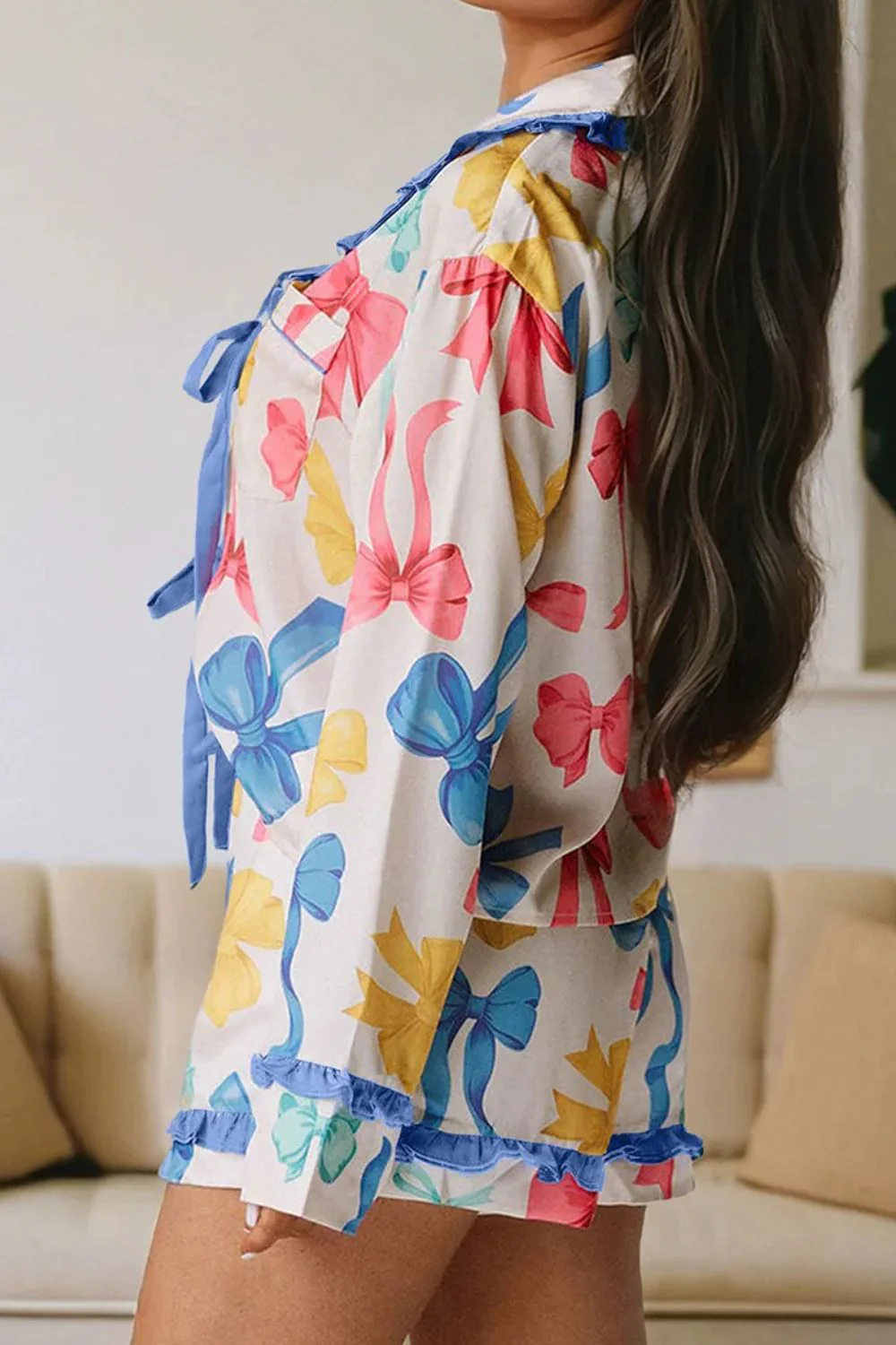 Bow Print Collared Neck Top and Shorts Lounge Set - Image 2