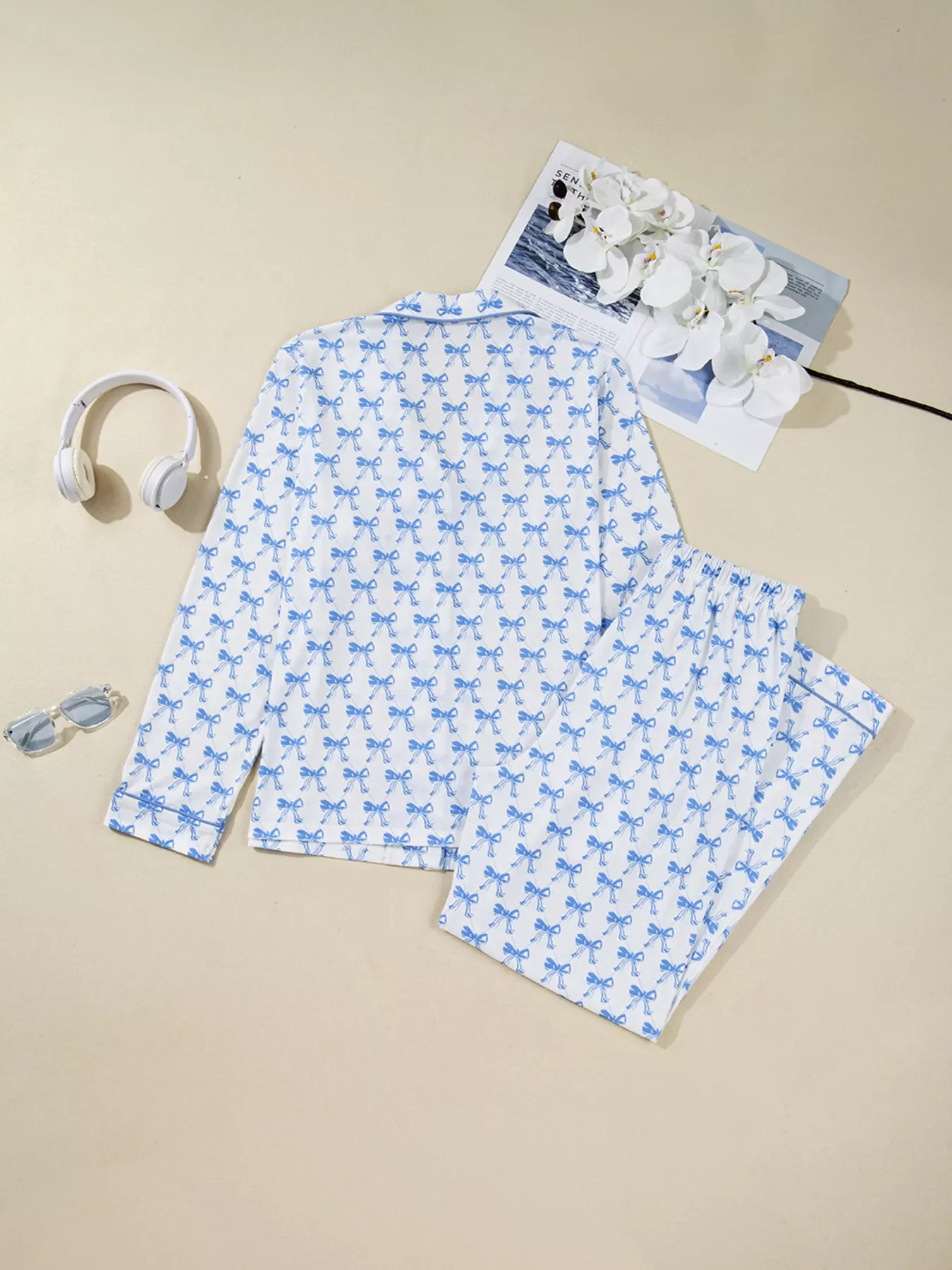 Bow Print Long Sleeve Shirt and Pants Pajama Set - Image 5