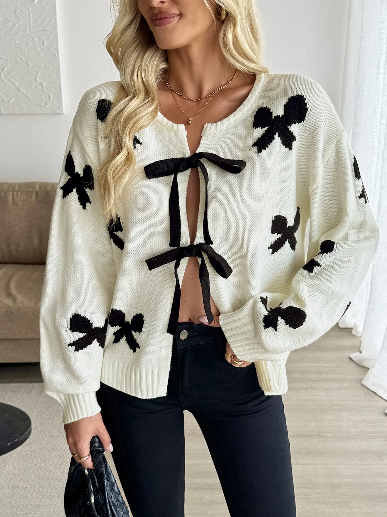 Bow Print Tie-Front Cardigan - Image 2