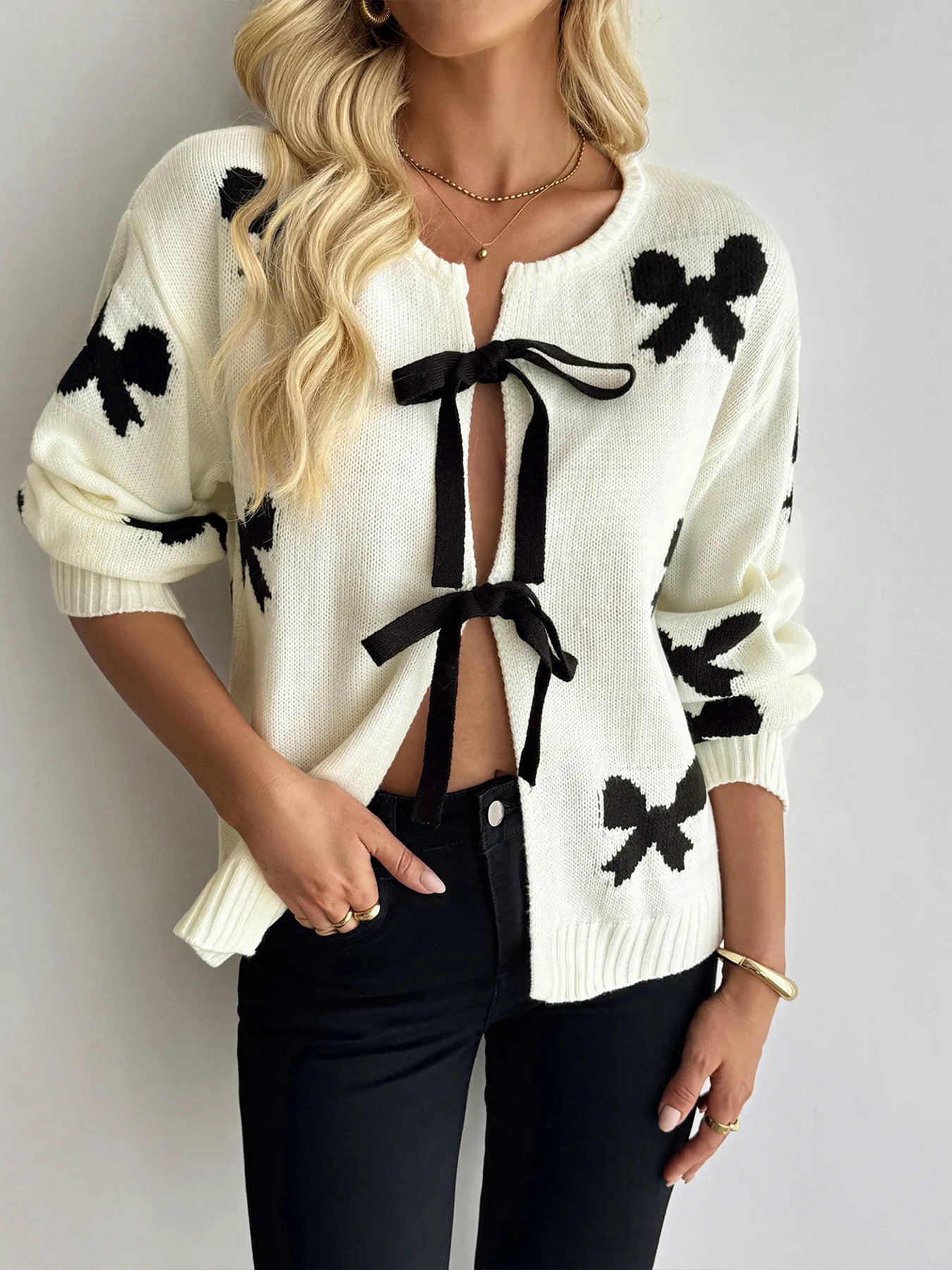 Bow Print Tie-Front Cardigan - Image 4