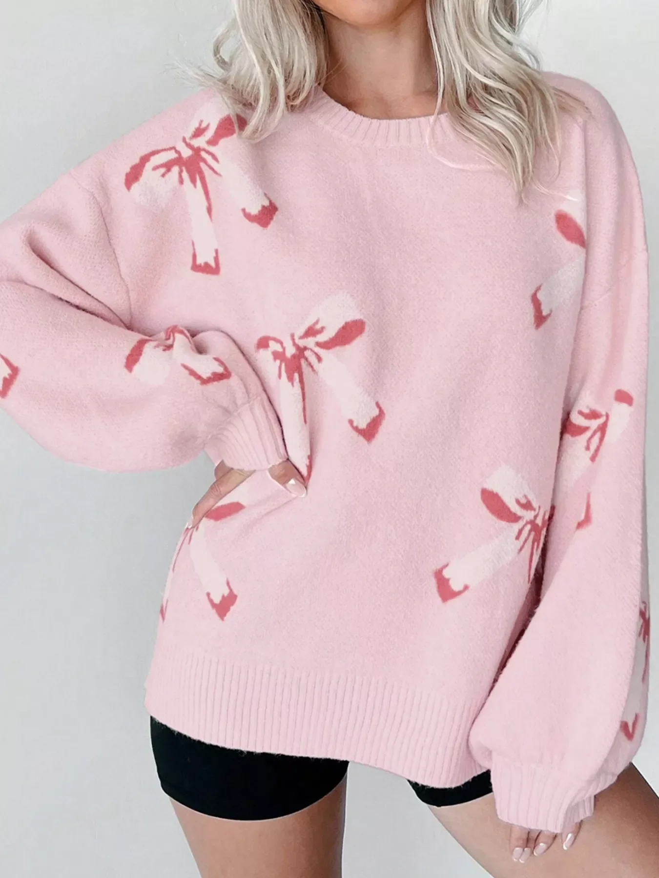 Bow Round Neck Dropped Shoulder Sweater - Image 9
