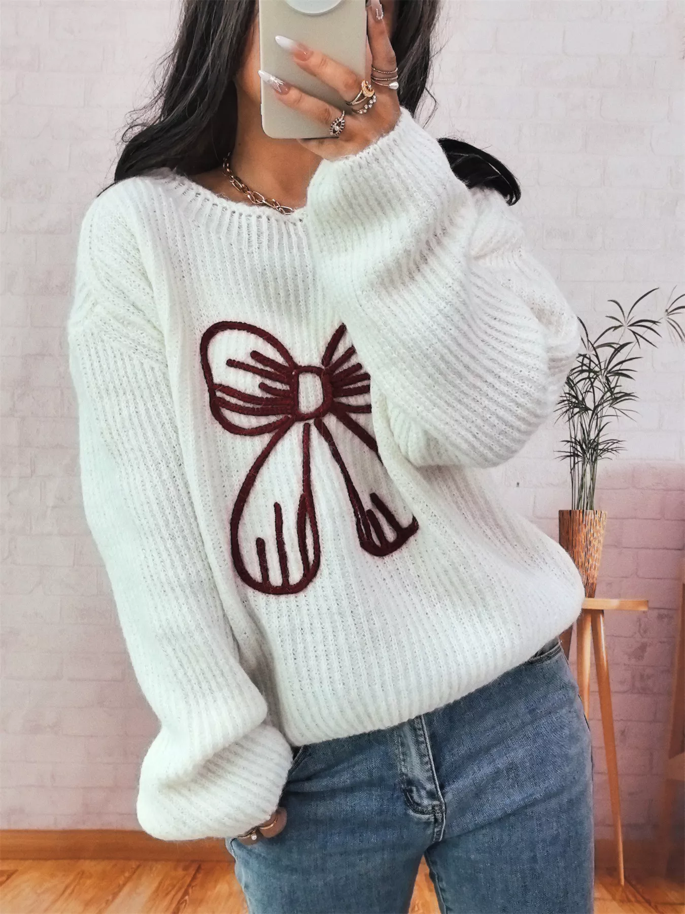 Bow Round Neck Long Sleeve Sweater - Image 2