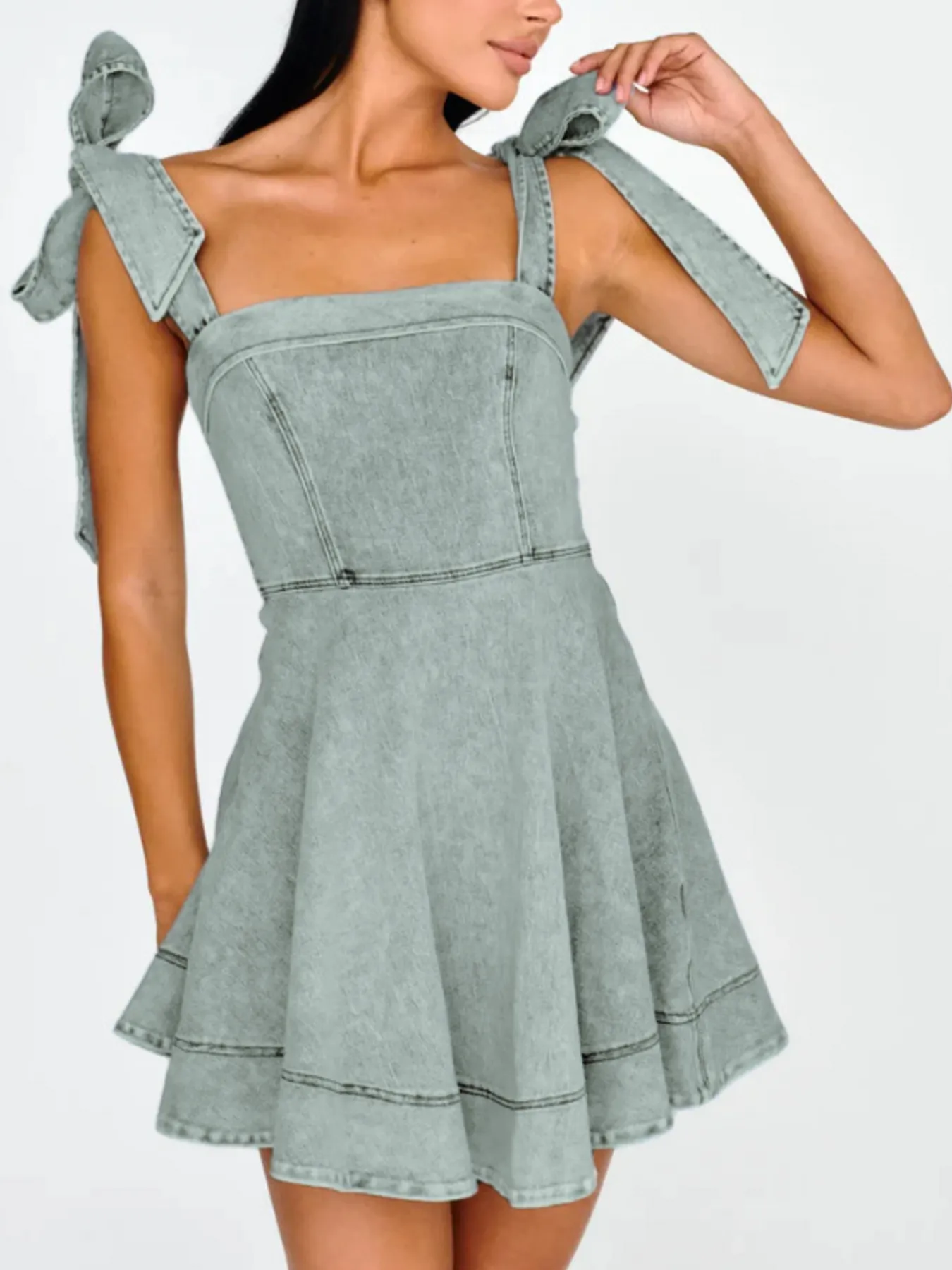 Bow-Shoulder Square Neck Denim Mini Dress - Image 4