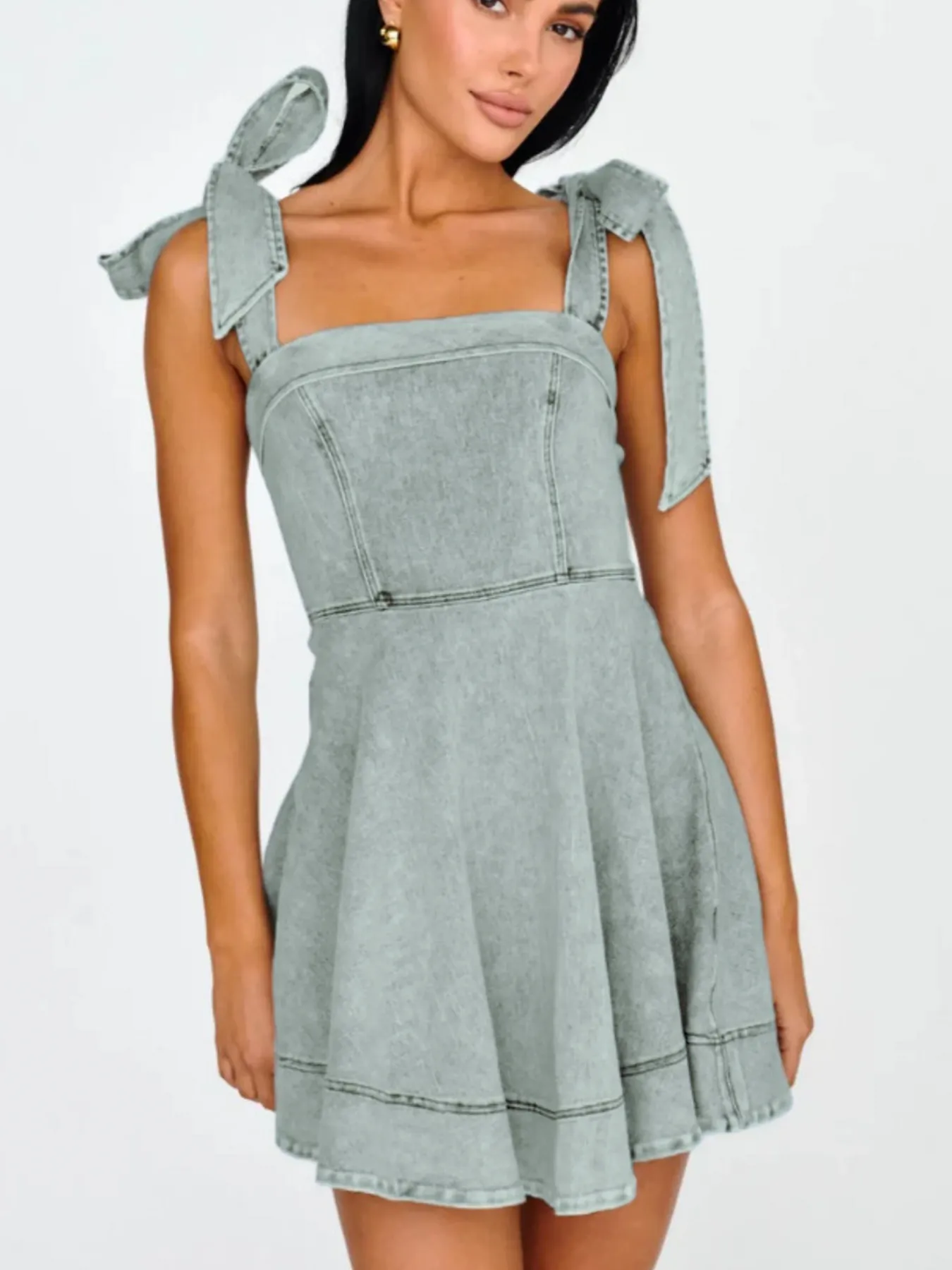 Bow-Shoulder Square Neck Denim Mini Dress - Image 5