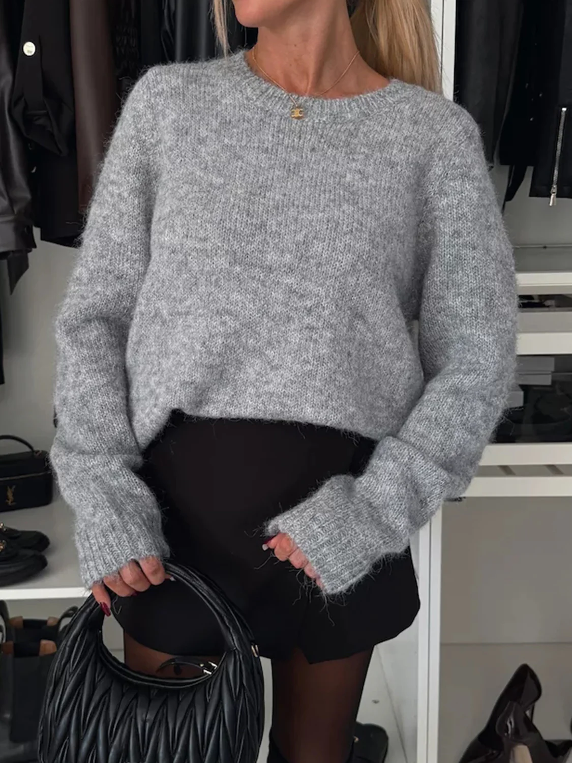 Bow Slit Back Round Neck Sweater - Image 5
