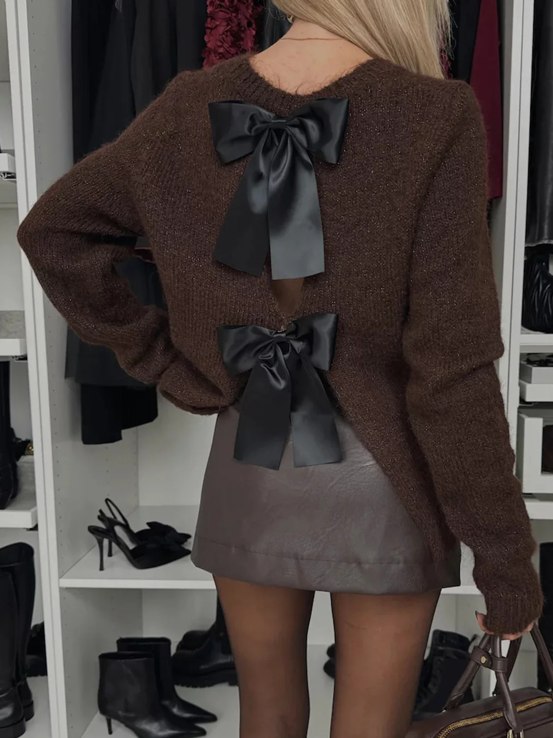 Bow Slit Back Round Neck Sweater - Image 8
