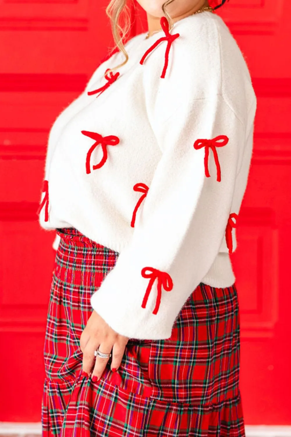 Bow Trim Round Neck Long Sleeve Sweater - Image 3