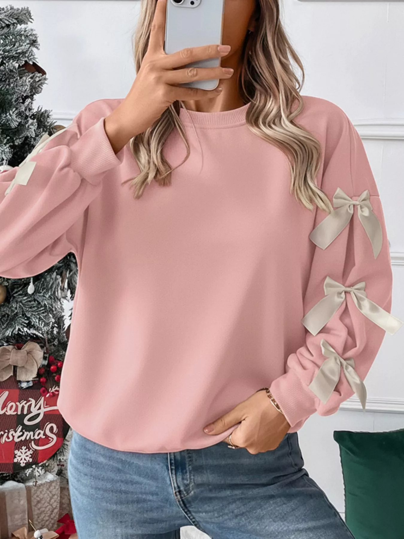 Bowknot Sleeve Round Neck Sweatshirt - Image 4