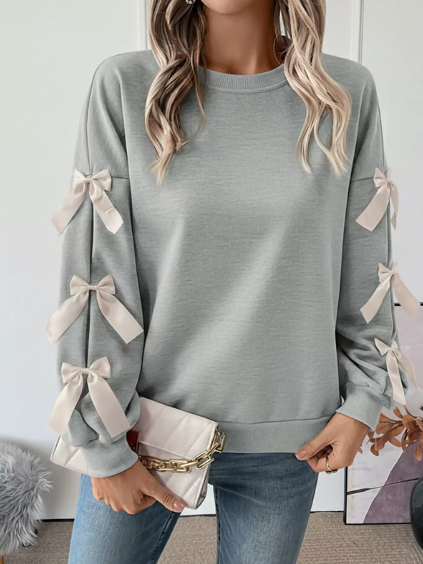Bowknot Sleeve Round Neck Sweatshirt - Image 6