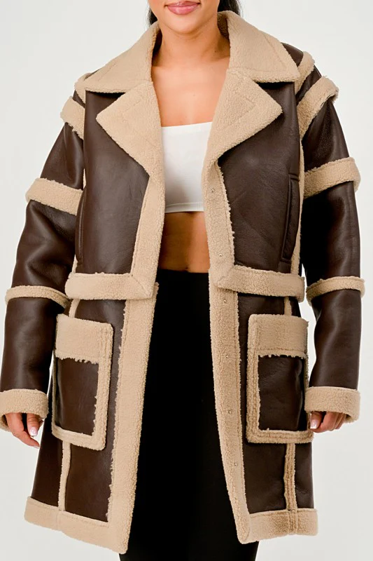 Brown Faux Leather Shearling Trim Coat - Image 13