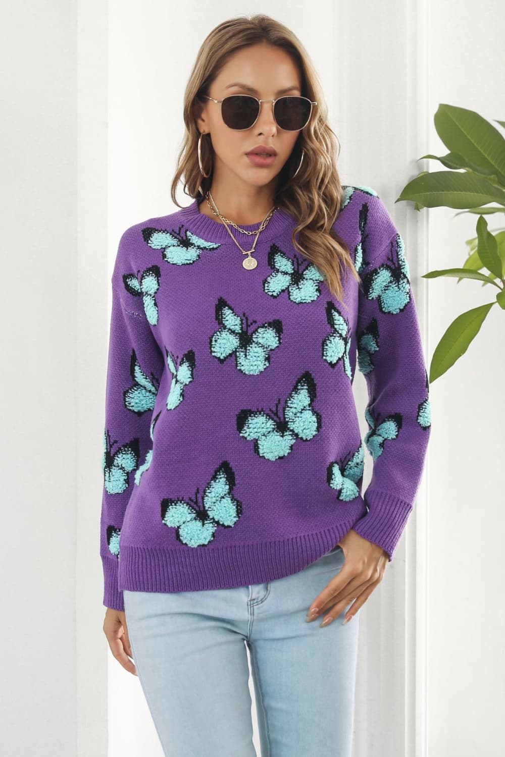 Butterfly Pattern Round Neck Dropped Shoulder Sweater - Image 10