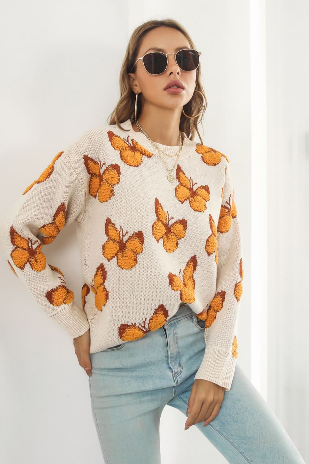 Butterfly Pattern Round Neck Dropped Shoulder Sweater - Image 5