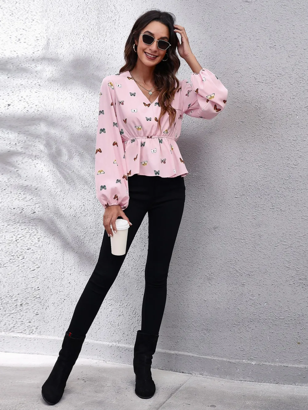 Butterfly V-Neck Balloon Sleeve Peplum Blouse - Image 5