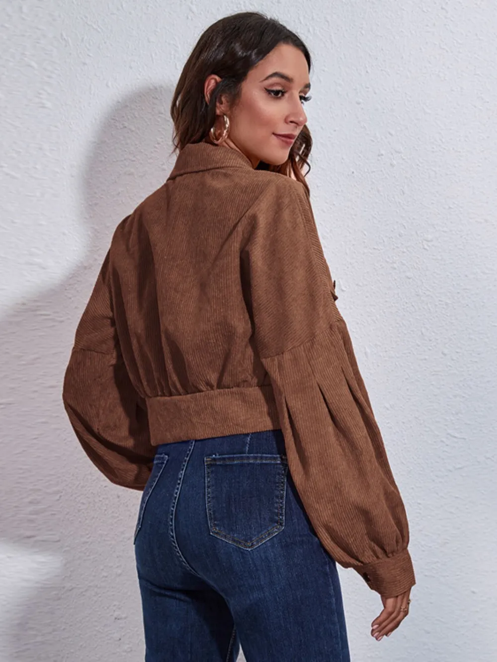 Button Down Collared Neck Cropped Jacket - Image 5